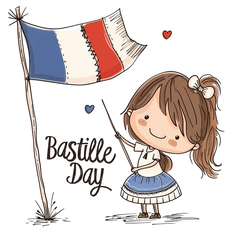 Girl Waving French Flag on Bastille Day