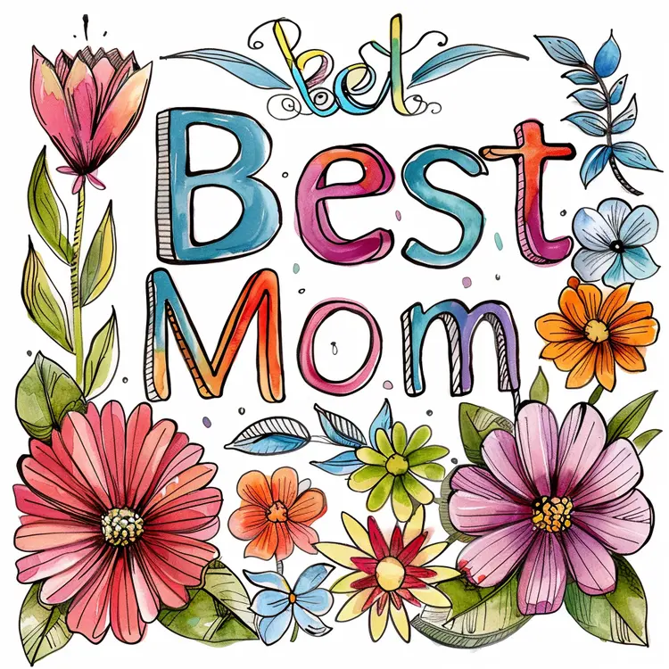Colorful Best Mom Text with Flowers