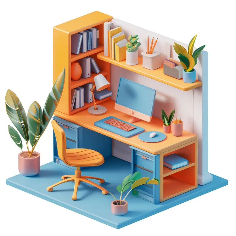 Colorful Office Desk with Books and Plants