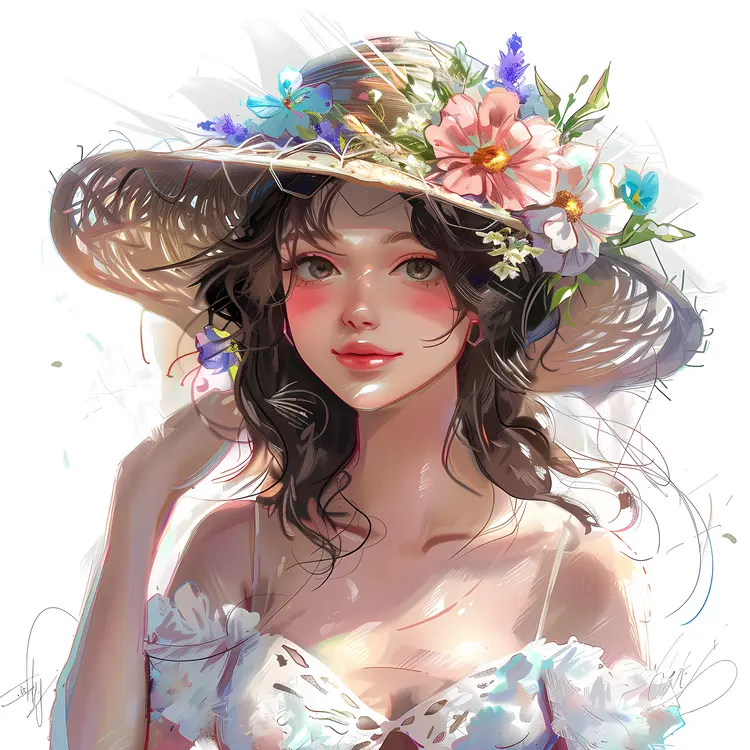 Beautiful Girl with Flower Hat Illustration