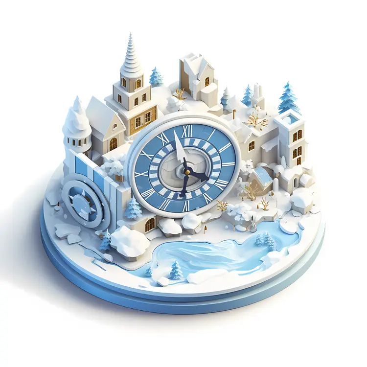 Snowy Clock Tower in Winter Village