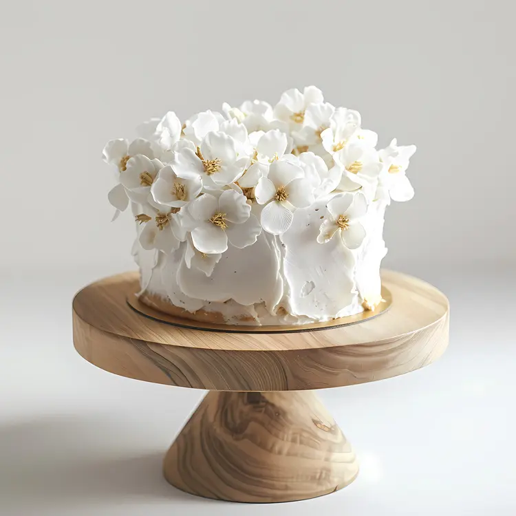 White Flower Cake on a Wooden Stand