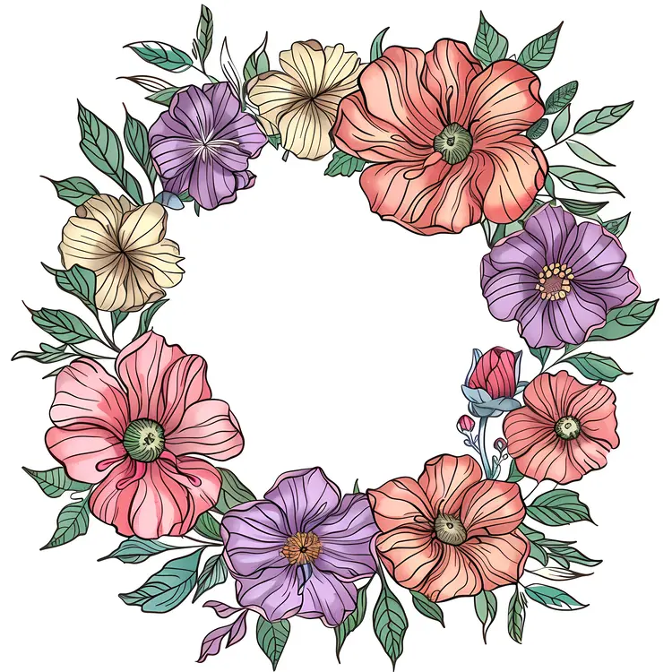 Colorful Floral Wreath with Hand-Drawn Flowers