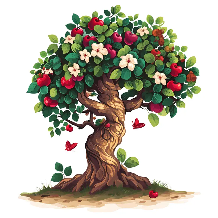 Apple Tree with Flowers and Red Apples