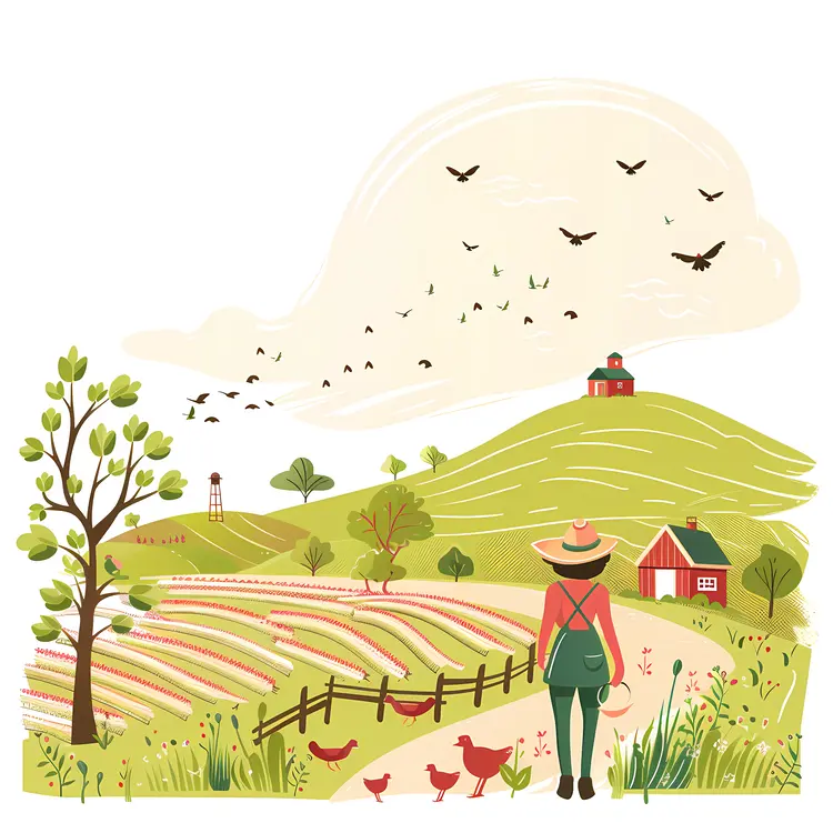 Farm landscape with chickens