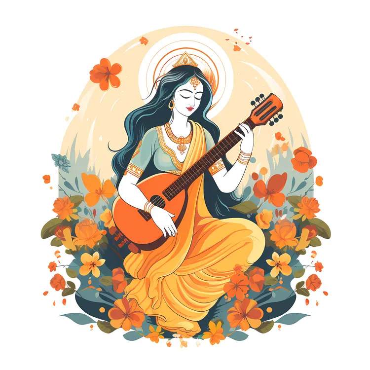 Woman Playing Guitar with Floral Background Illustration