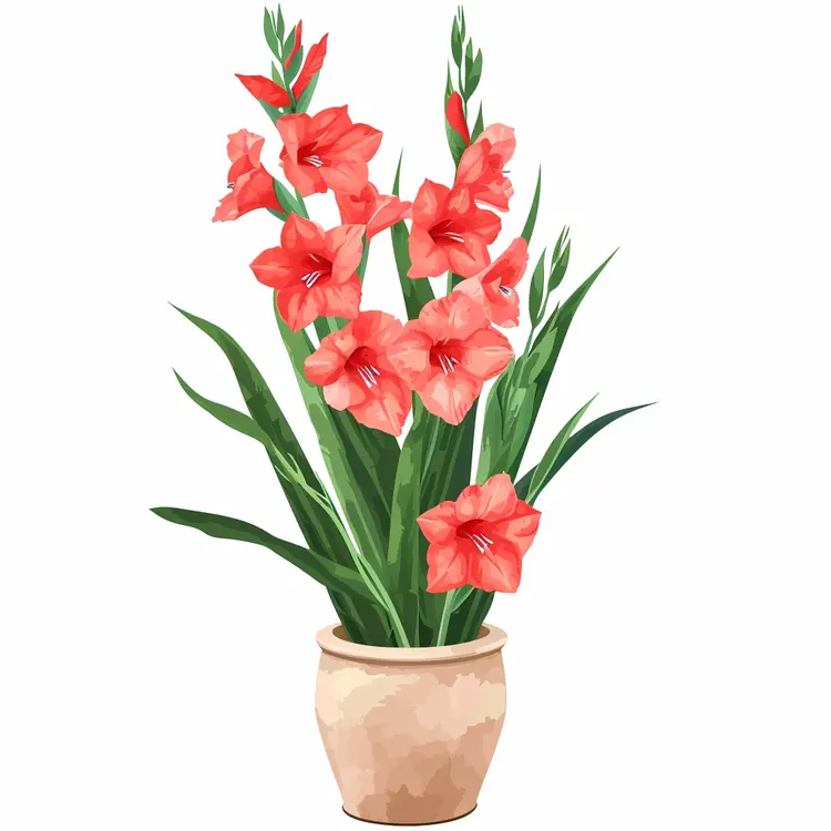 Red Gladiolus Flowers in a Simple Pot