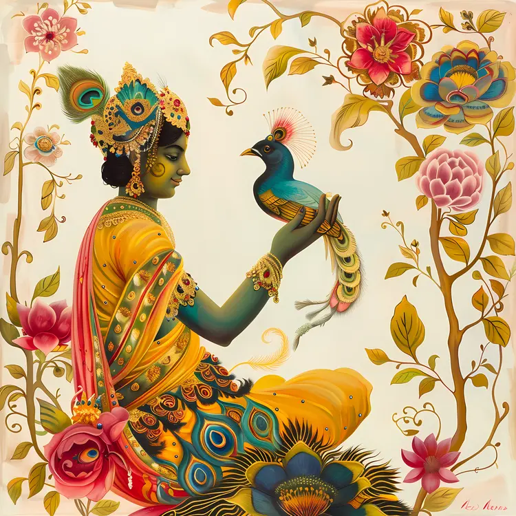 Ornate Woman with Bird and Flowers