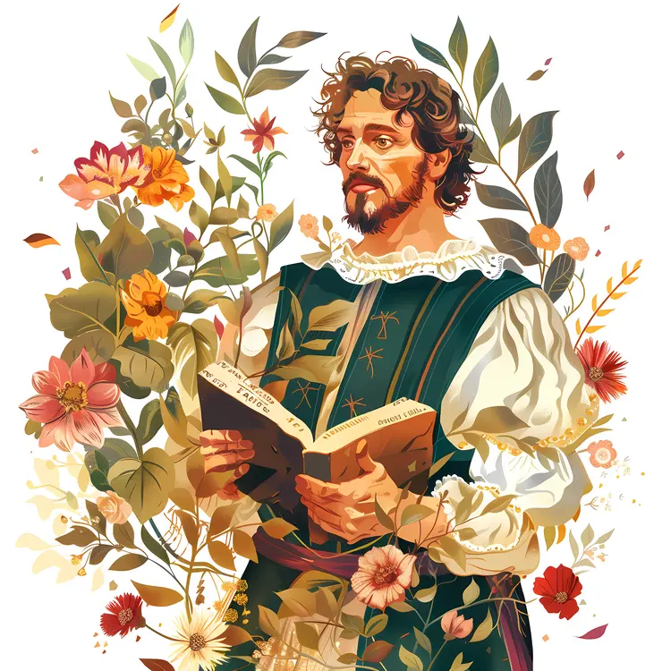 Man Holding a Book Surrounded by Flowers