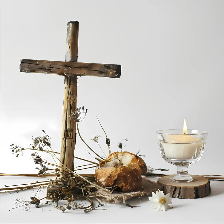 Wooden Cross and Candle with Bread