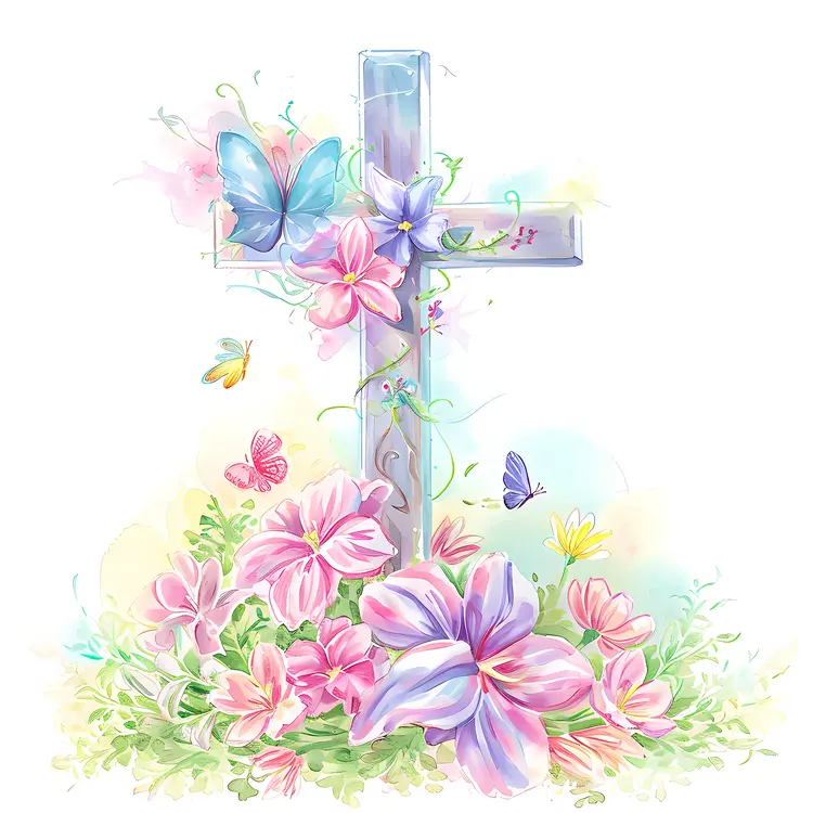 Floral Cross with Butterflies and Flowers