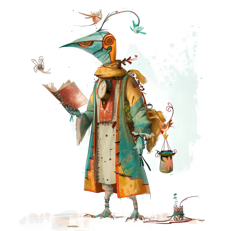 Bird Reading a Book with Insects