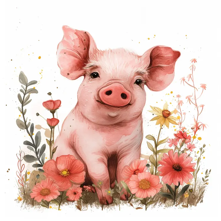 Cute Piglet with Flowers