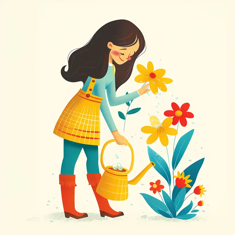Girl Watering Flowers Illustration