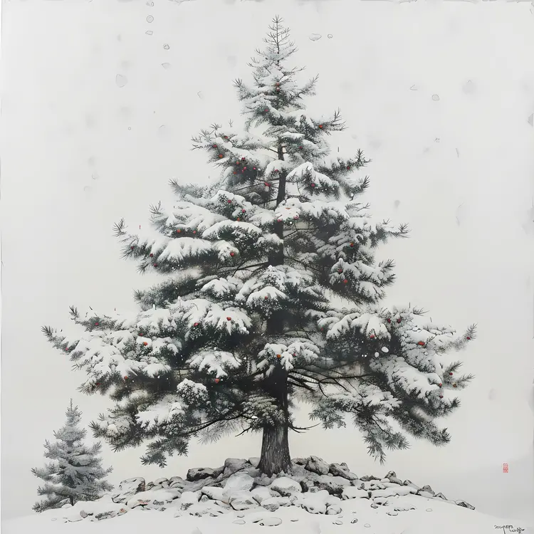 Snow-Covered Pine Tree in Winter
