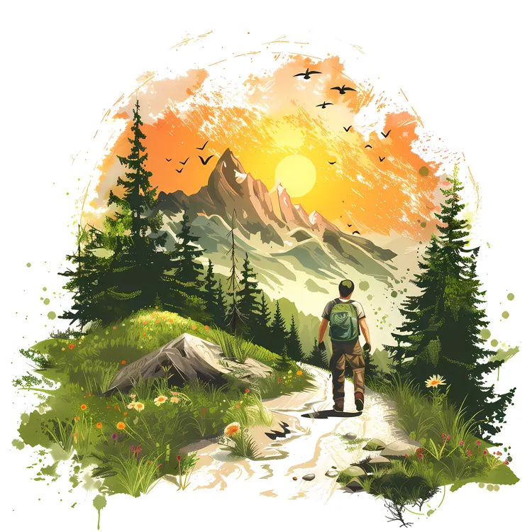 Hiker on Mountain Trail at Sunset