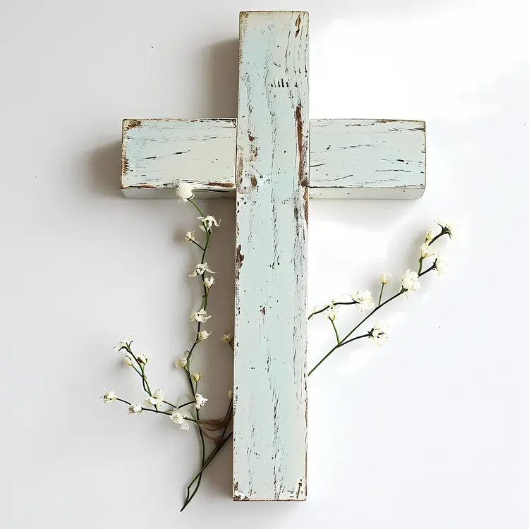 Rustic Wooden Cross with White Flowers