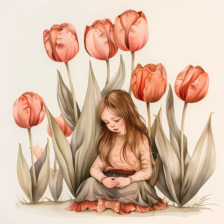 Sad Girl Sitting Among Tulips