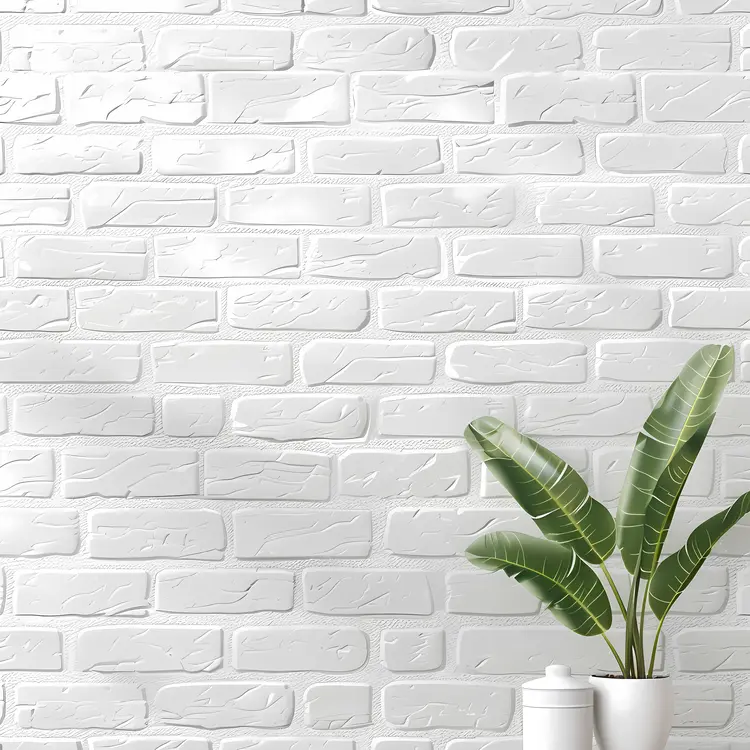Potted Plant Against White Brick Wall