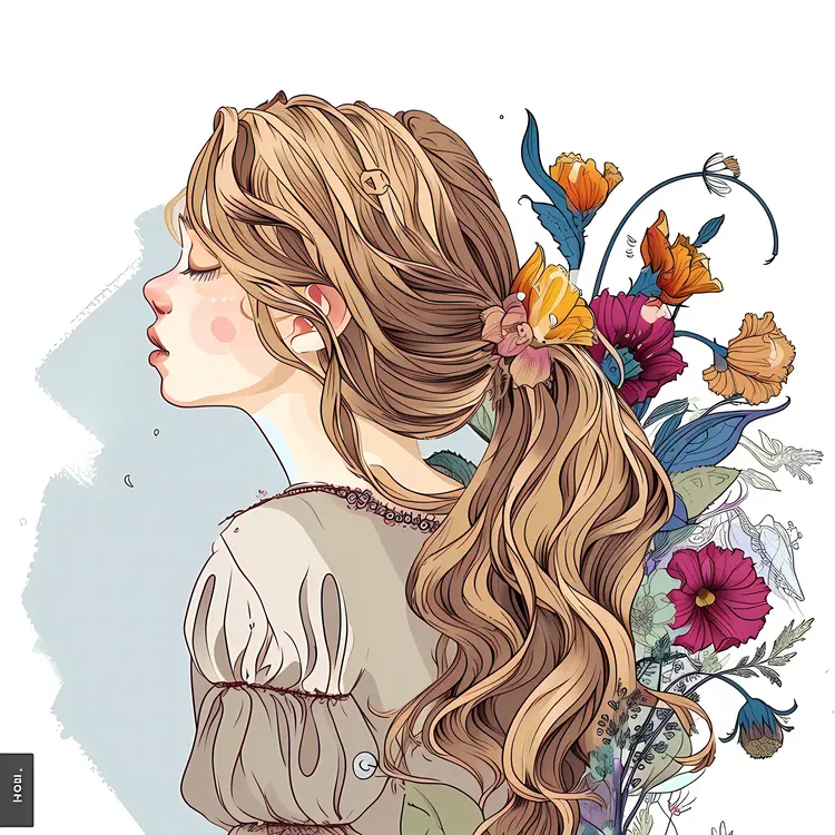 Woman with Ponytail and Floral Design