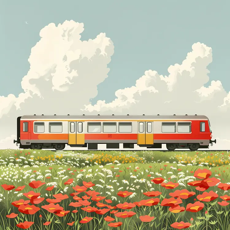 Train Passing Through Flower Field
