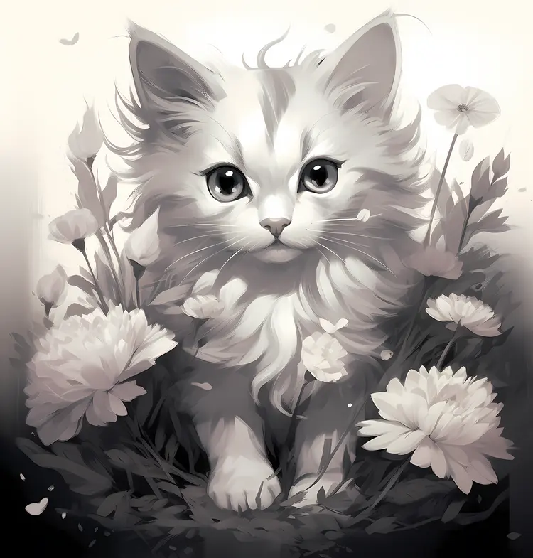 Fluffy Kitten with Flowers
