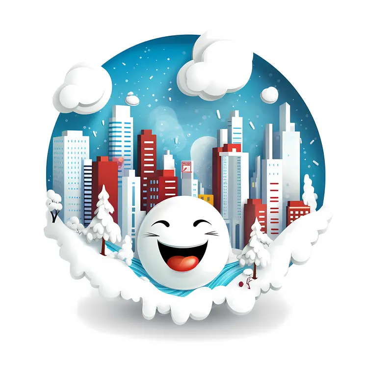 Happy Snowball in a Snowy Cityscape