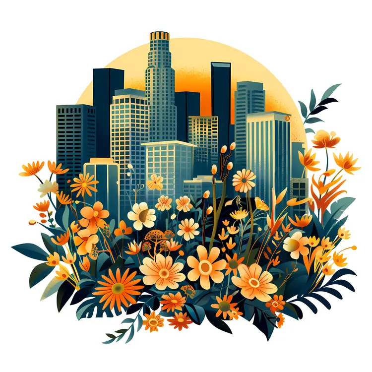 Floral Cityscape with Skyscrapers and Flowers