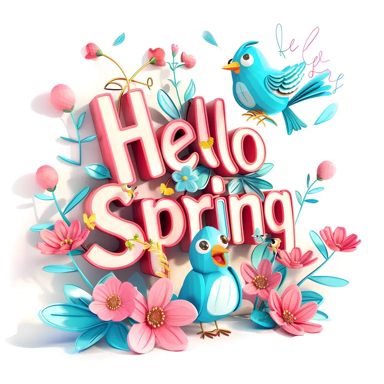 Hello Spring with Blue Birds and Pink Flowers