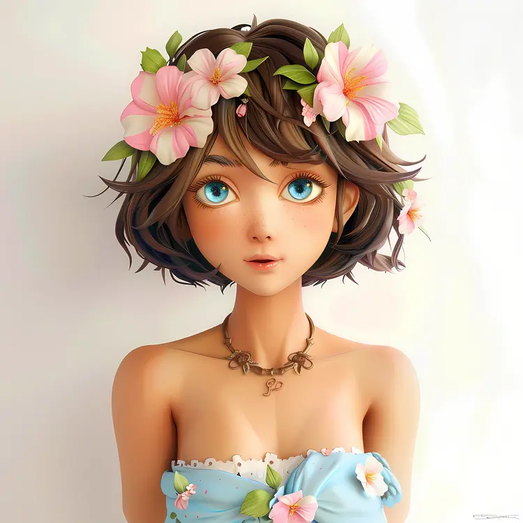 Cute Girl with Short Hair and Flowers