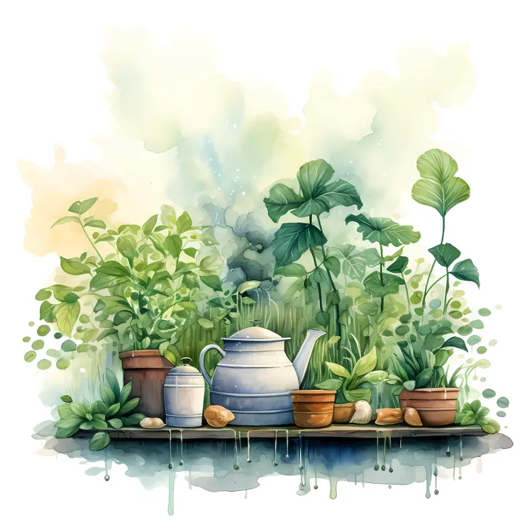 Teapot and Pots with Plants Illustration