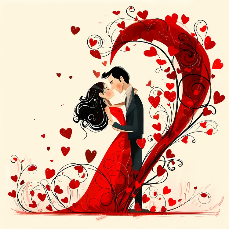 Romantic Couple Surrounded by Hearts