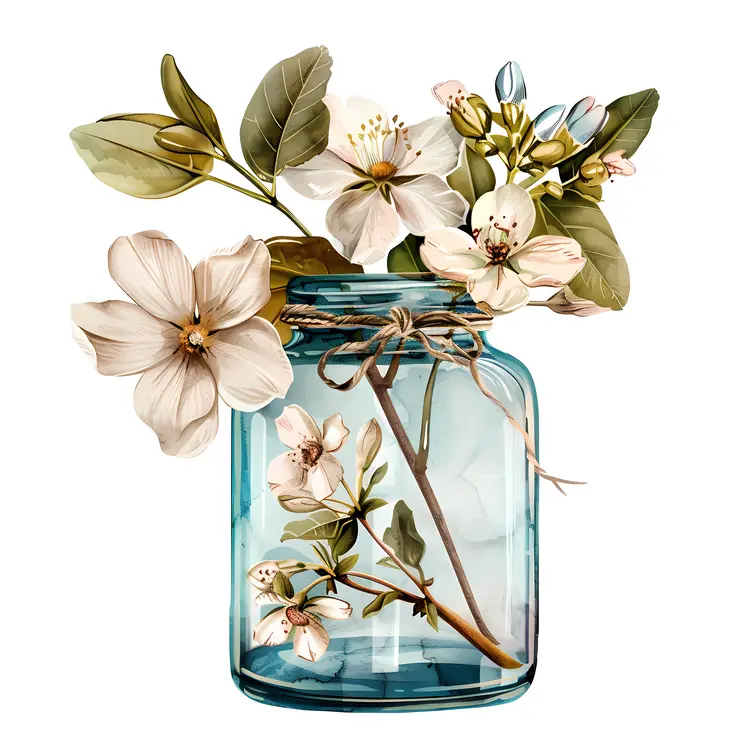 Elegant Floral Illustration with White Flowers in a Jar