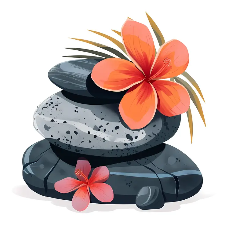 Zen Stacked Stones with Red Flowers