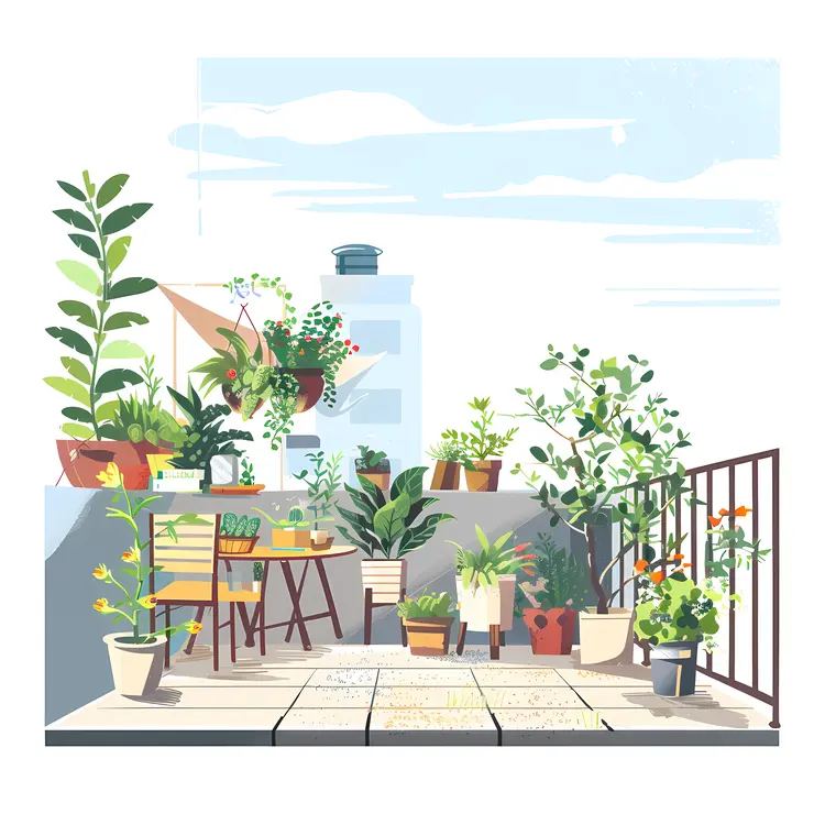 Urban Rooftop Garden with Potted Plants
