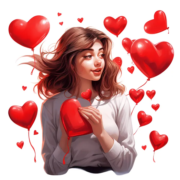 Girl Holding Red Heart Balloons