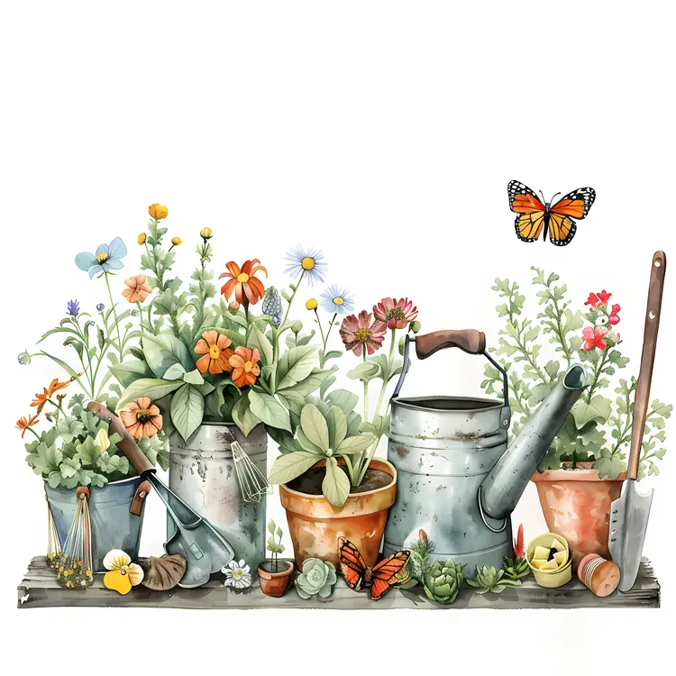 Gardening Tools and Flowers in a Garden