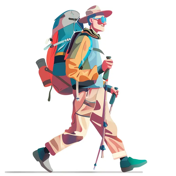 Hiker with Backpack and Walking Sticks