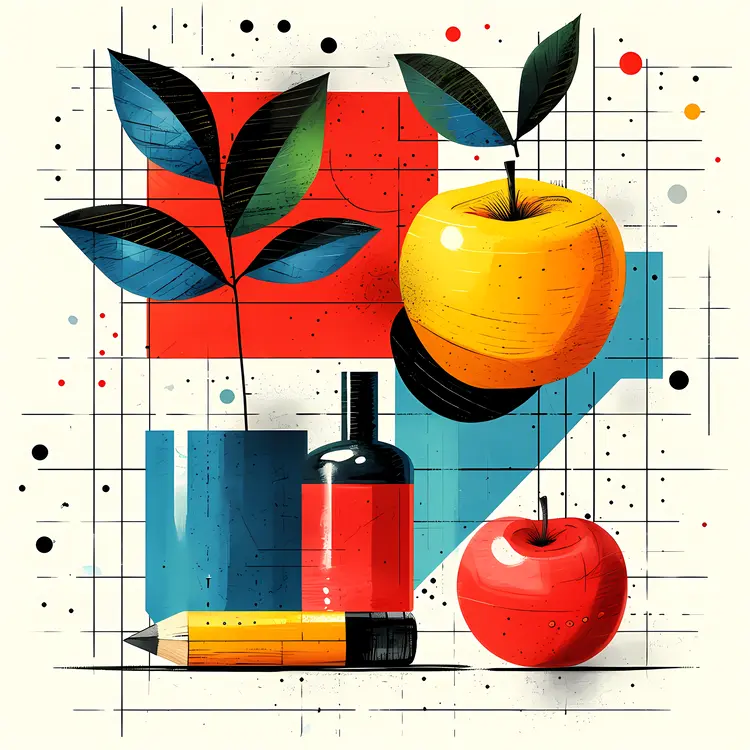 Modern Geometric Illustration with Fruit and Art Supplies