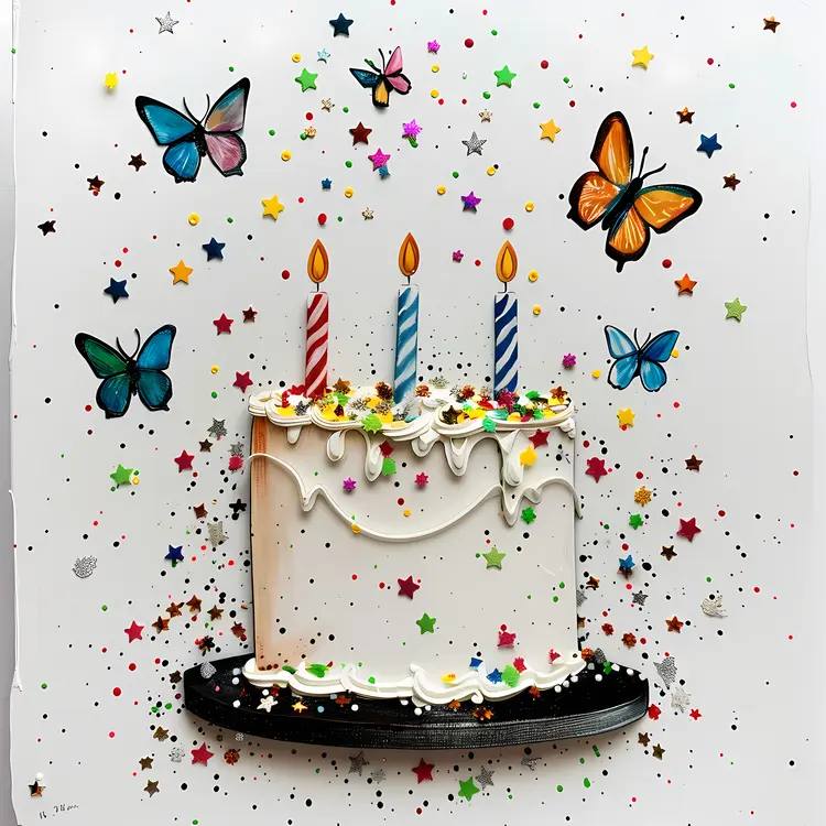 Birthday Cake with Candles and Butterflies