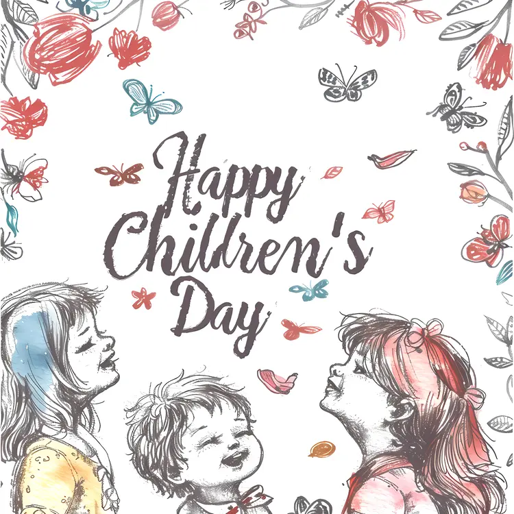 Happy Children's Day with Kids and Butterflies