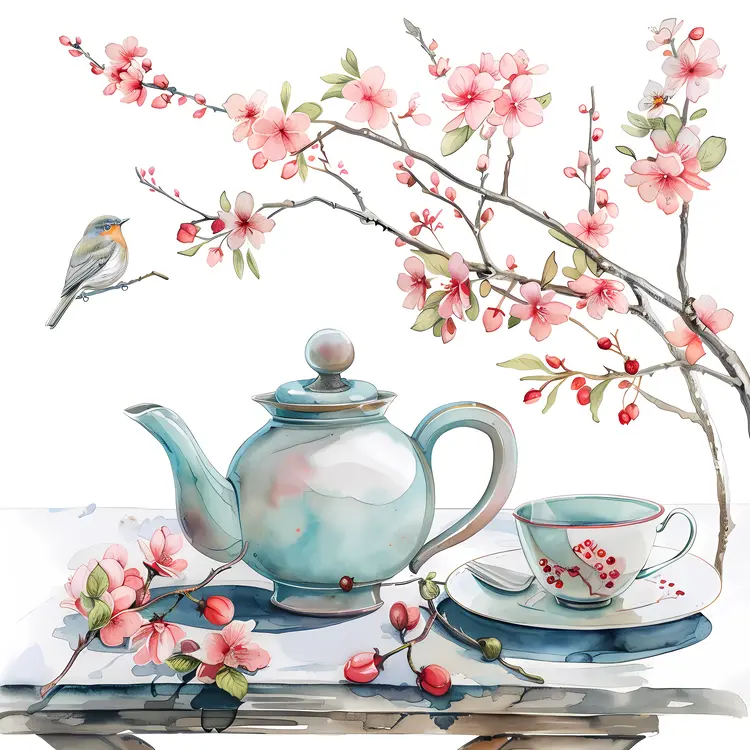 Teapot with Blossoms and Bird