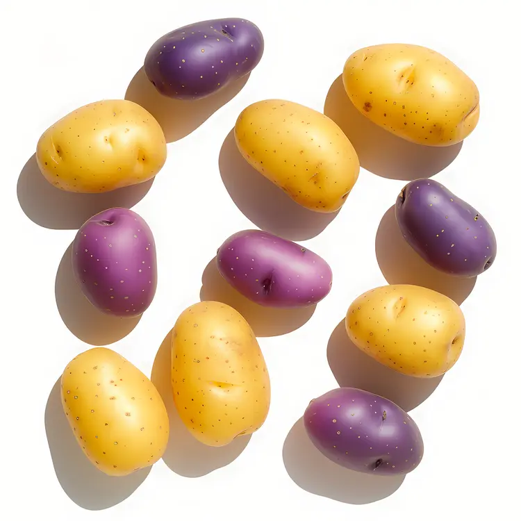 Yellow and Purple Potatoes on White Background