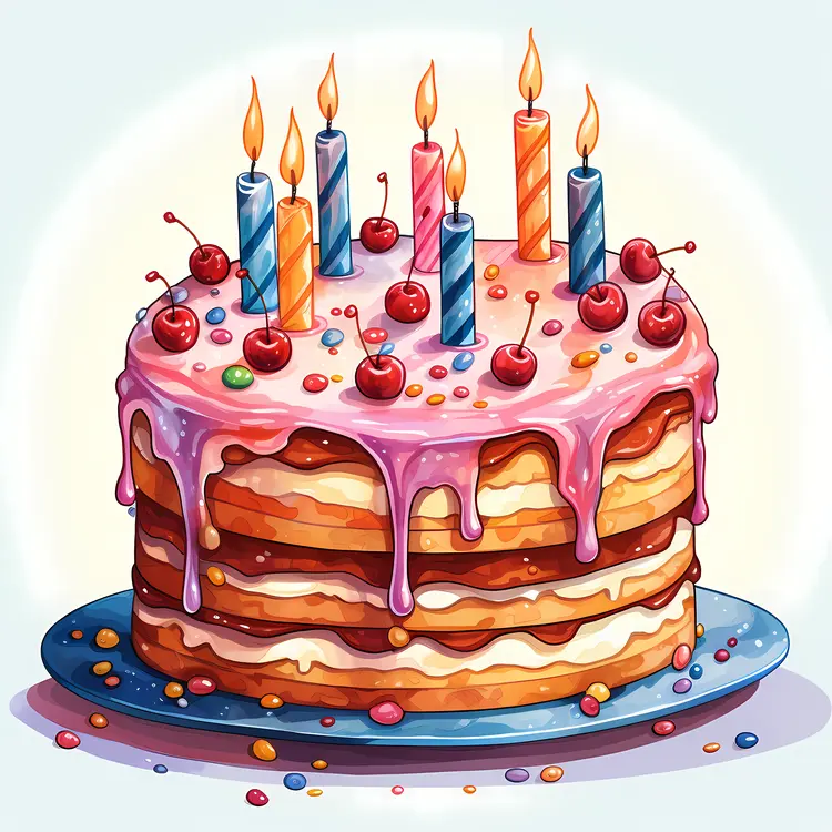 Birthday Cake with Candles and Cherries