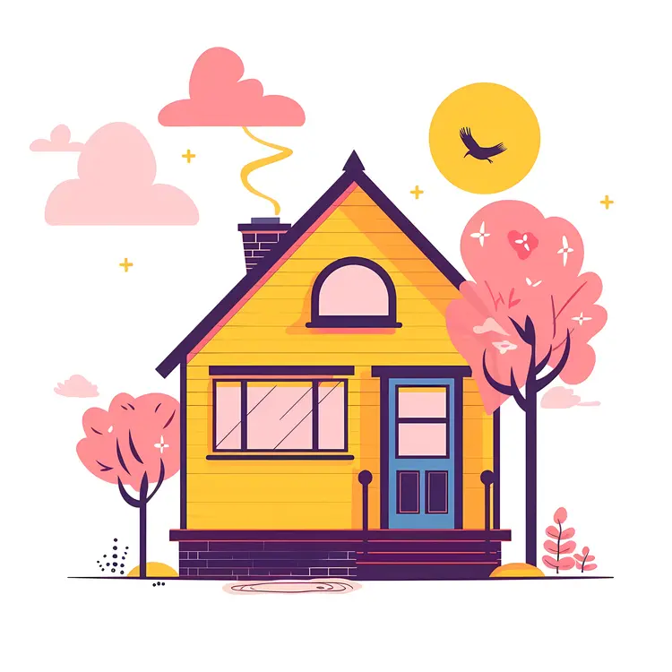Yellow Cartoon House with Trees and Sun