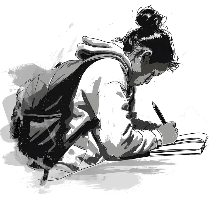 Student Writing in Notebook in Black and White Sketch Style
