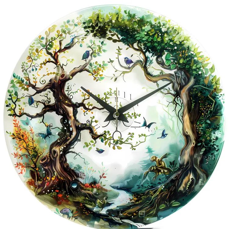 Artistic Nature-Themed Clock with Trees and Birds