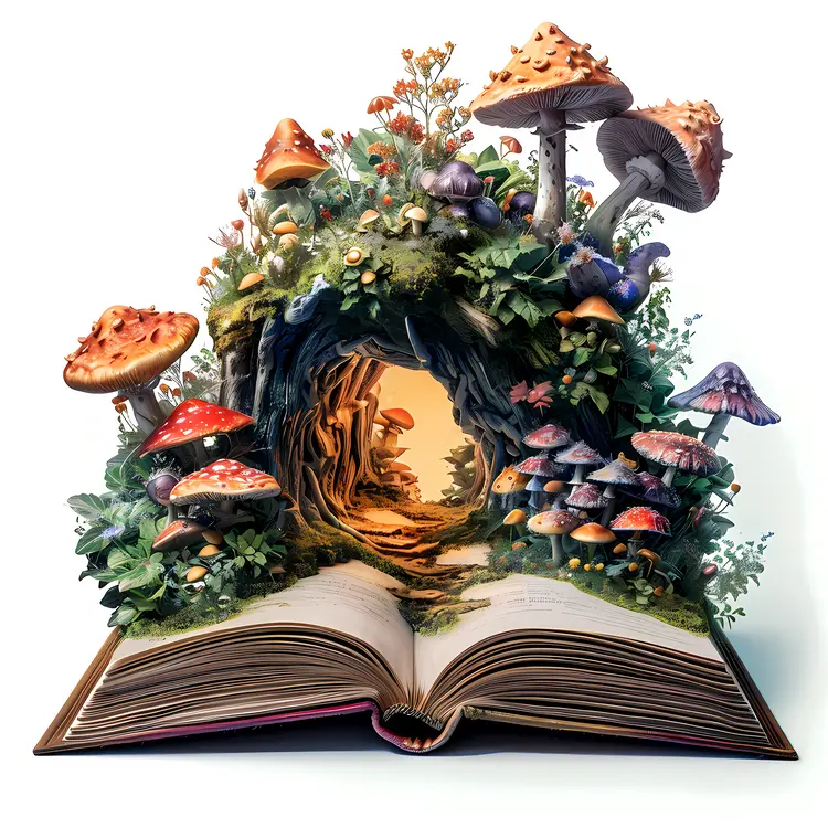 Enchanted Forest with Mushrooms Emerging from a Book