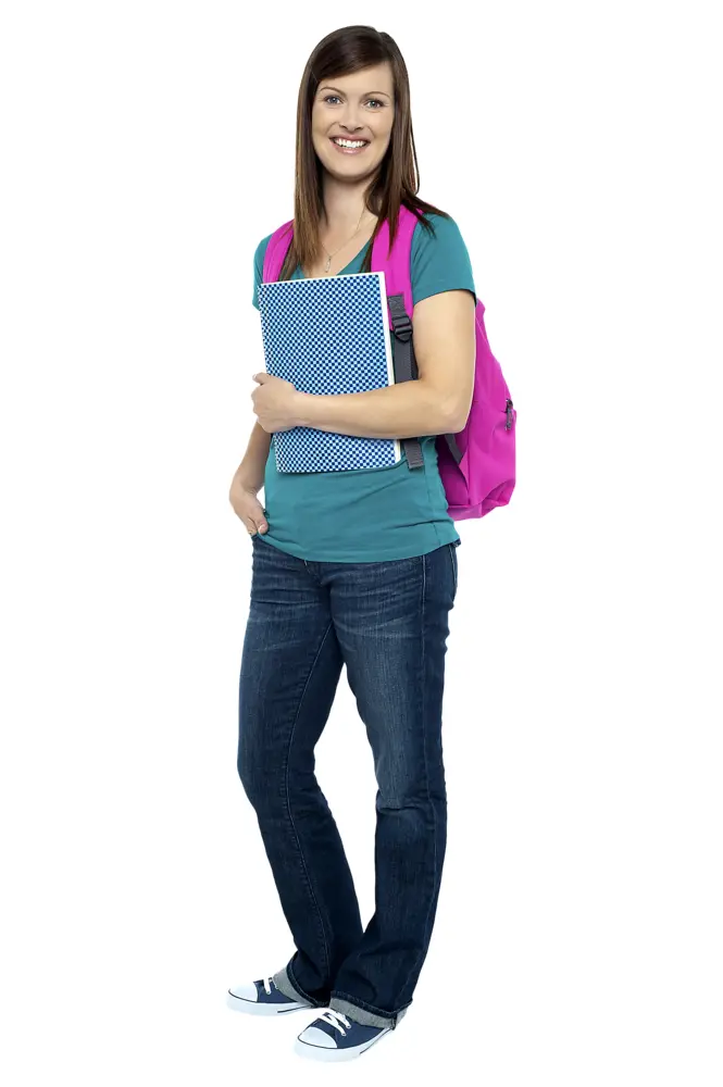 Student Girl with Pink Backpack and Notebook