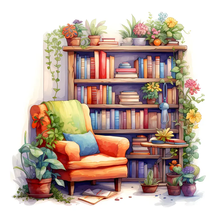 Orange Armchair with Bookshelf and Flowers